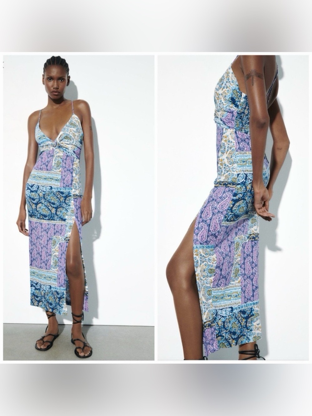Zara Printed Linen Blend Midi Dress